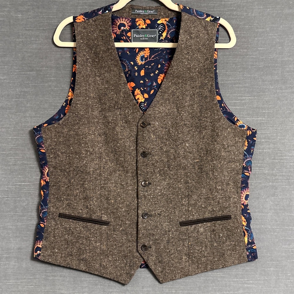 Paisley Gray Vest L Slim Fit Brown Wool Blend Tweed Floral Cinch Classic 40-42
